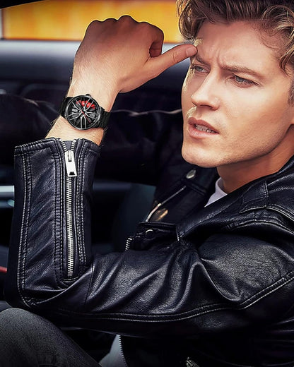 Men's Creative 3D Car Wheel Rotating Wrist Watch - KSA