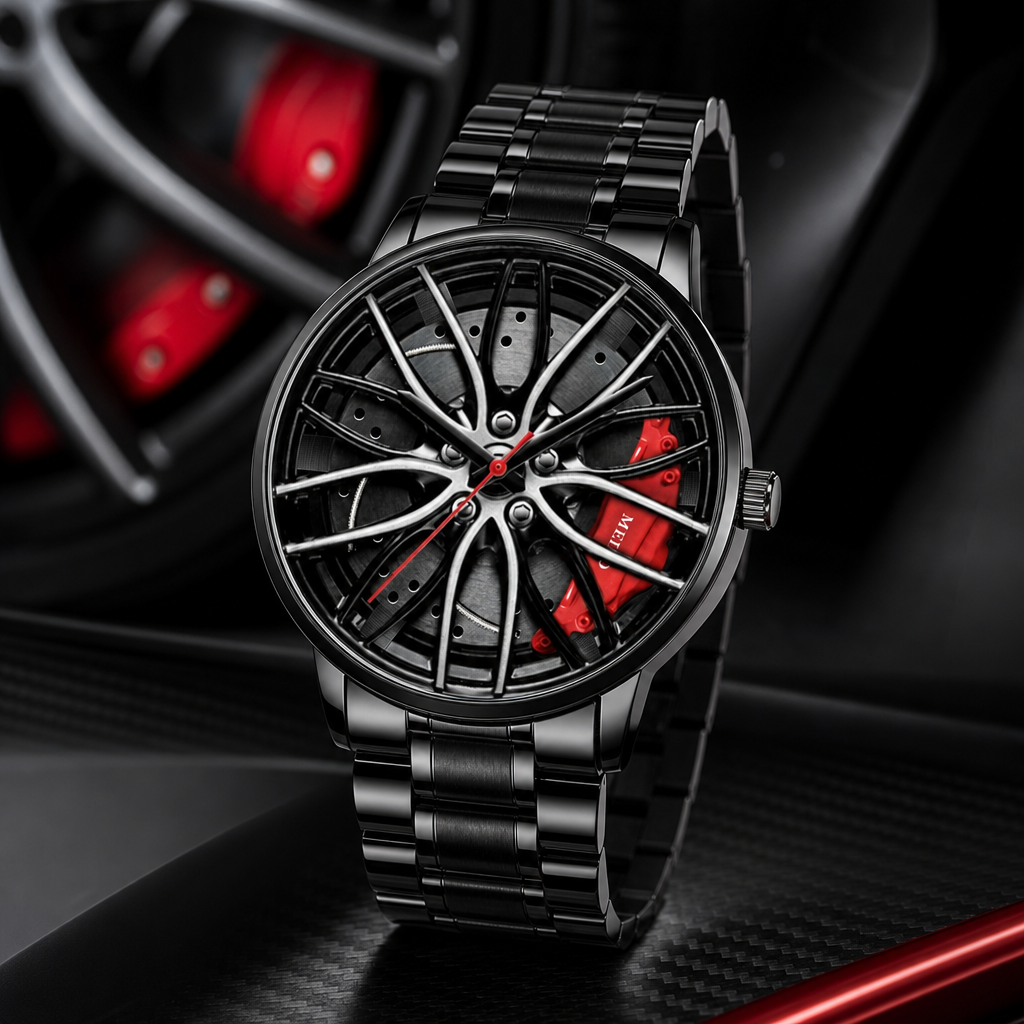 Men's Creative 3D Car Wheel Rotating Wrist Watch - KSA