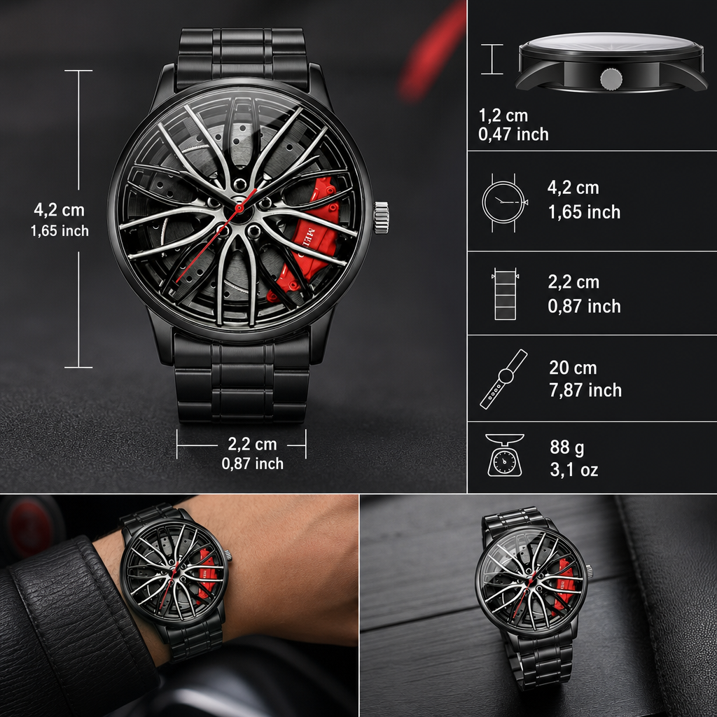 Men's Creative 3D Car Wheel Rotating Wrist Watch - KSA